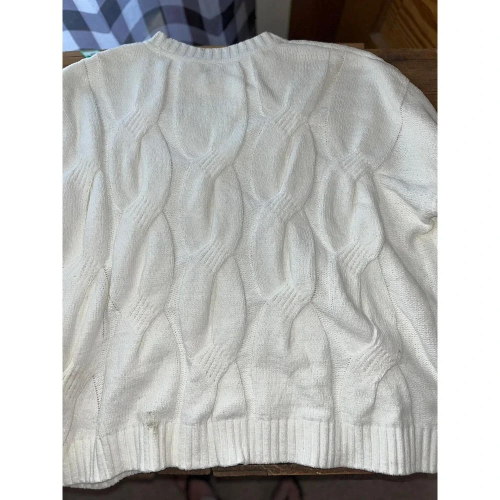J. Jill Chenille Cable Knit‎ Sweater Womens Large Petite Cream White Crew Neck